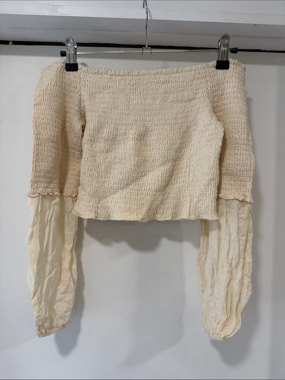 Cream Off-Shoulder Smocked Crop Top with Balloon Sleeves